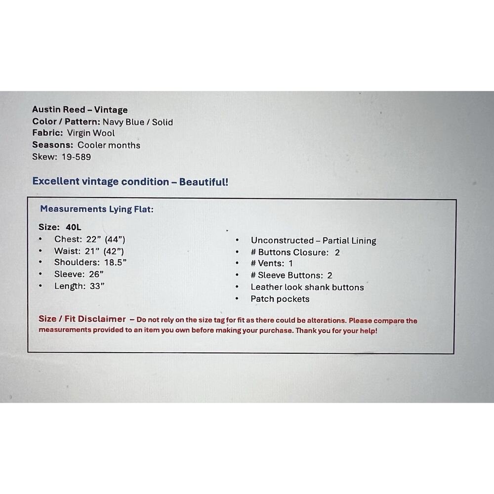 Vintage Austin Reed 40L Navy Blue Flannel Blazer Shank Buttons Unconstructed - Picture 8 of 16